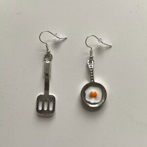 Handmade STAINLESS STEEL Earrings Fried Egg Frying Pan Novelty Food Silver Tone